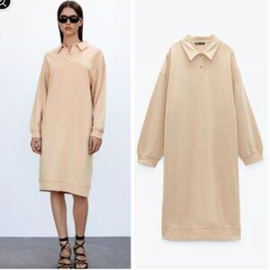 Zara 100% Cotton Knit Polo Midi Dress Neutral Minimalist Capsule Beige